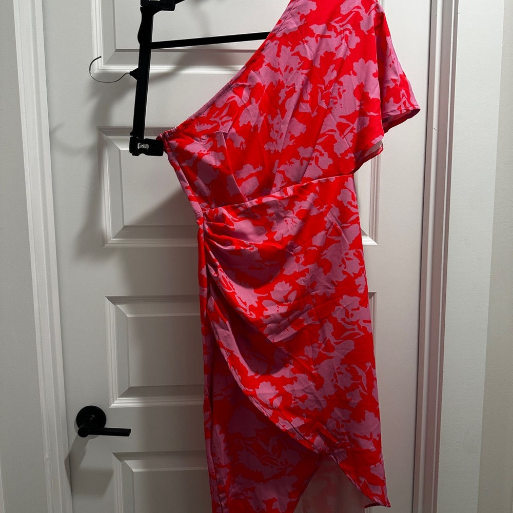 One-Shoulder Red and Pink Floral Cocktail Dress